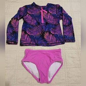 Ruffle Butts Kids Swim Rashguard - Pink and Blue Leaf Pattern